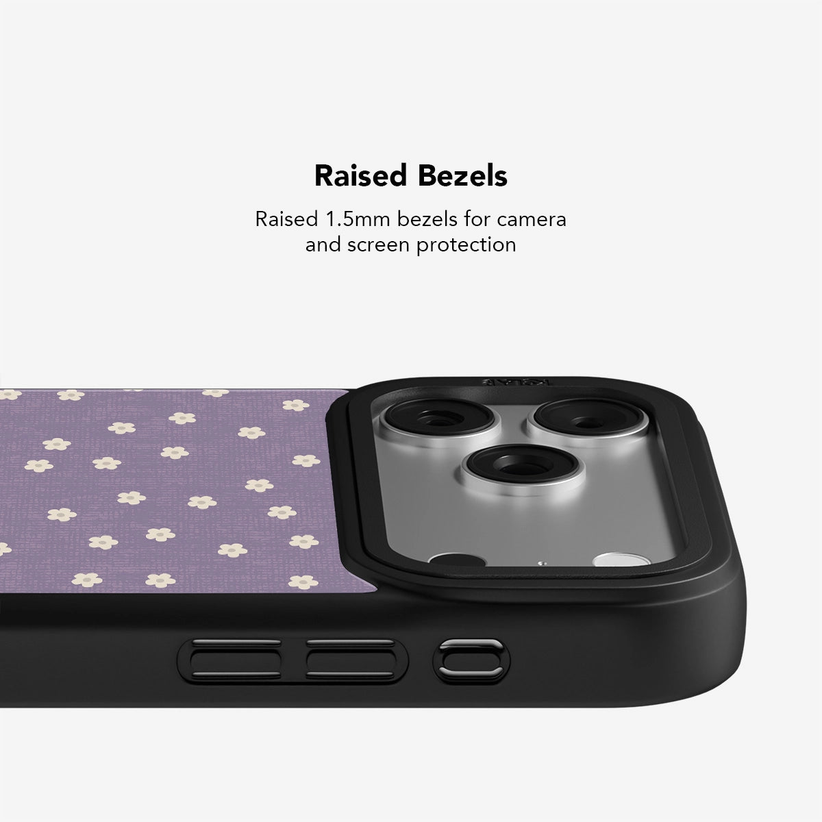Violet flora phone case showing raised bezels for protection