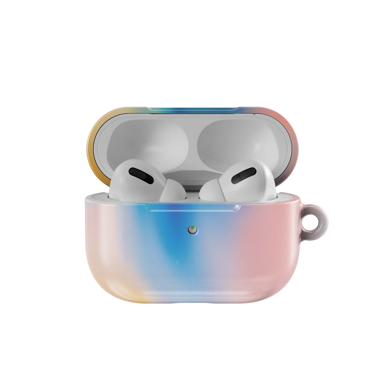 Open Dream Prism Euphoria Series AirPods Case showing AirPods Pro inside. Colorful gradient design with durable, eco-friendly build.
