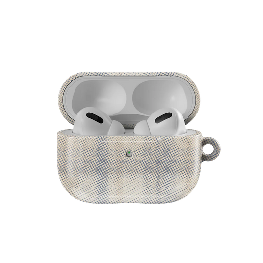 Open beige flannel AirPods case from KELAB with AirPods Pro inside, showcasing minimalist plaid design and snug fit for all models.