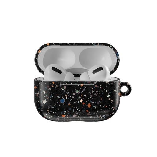 Open Black Splatter AirPods Case – Cute & Stylish | KELAB showing white AirPods inside a durable, speckled protective case with a modern aesthetic.