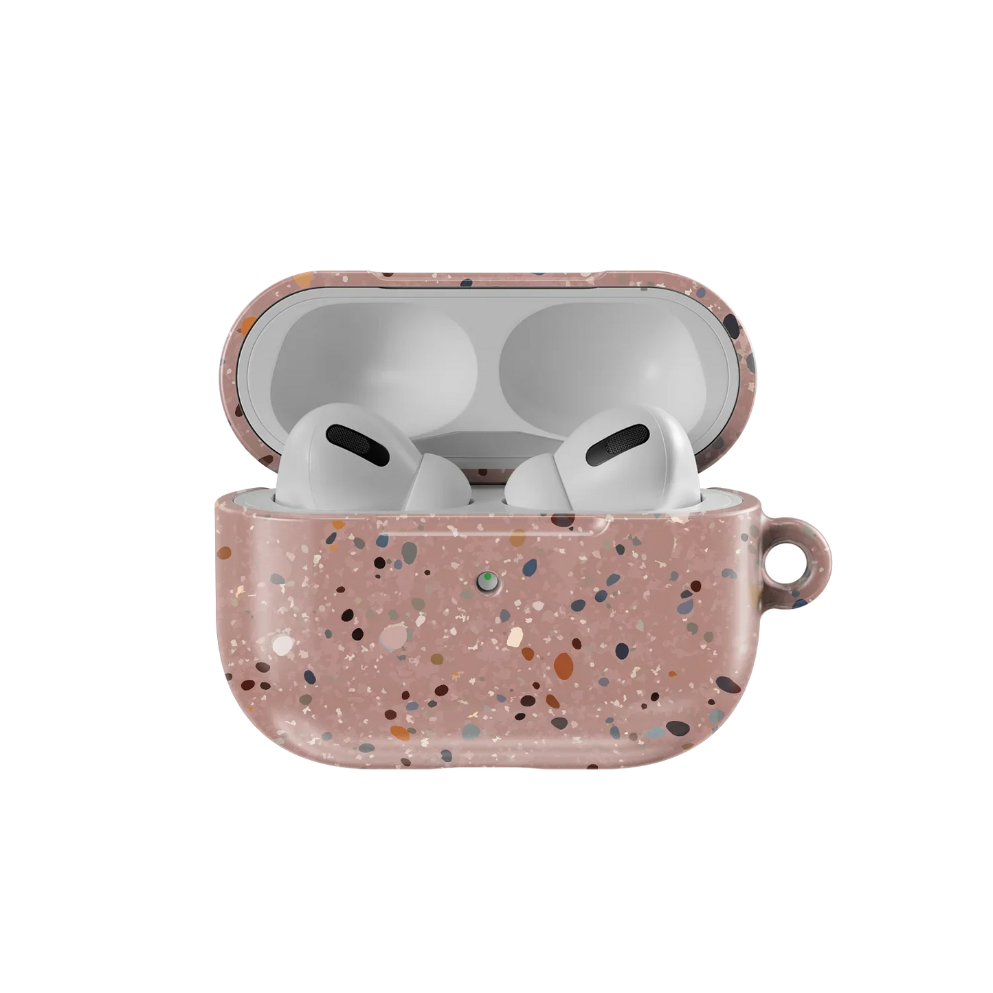 Open Pink Splatter AirPods Case by KELAB showing AirPods Pro inside, combining cute design with full model compatibility.