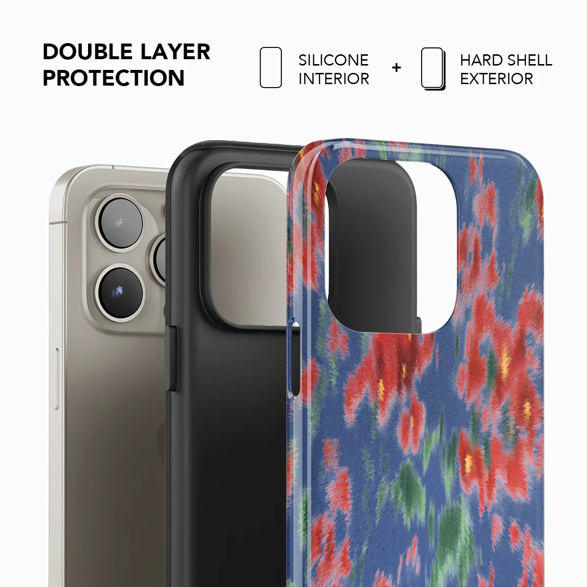 Phone case with double layer protection featuring silicone interior and hard shell exterior on a white background.