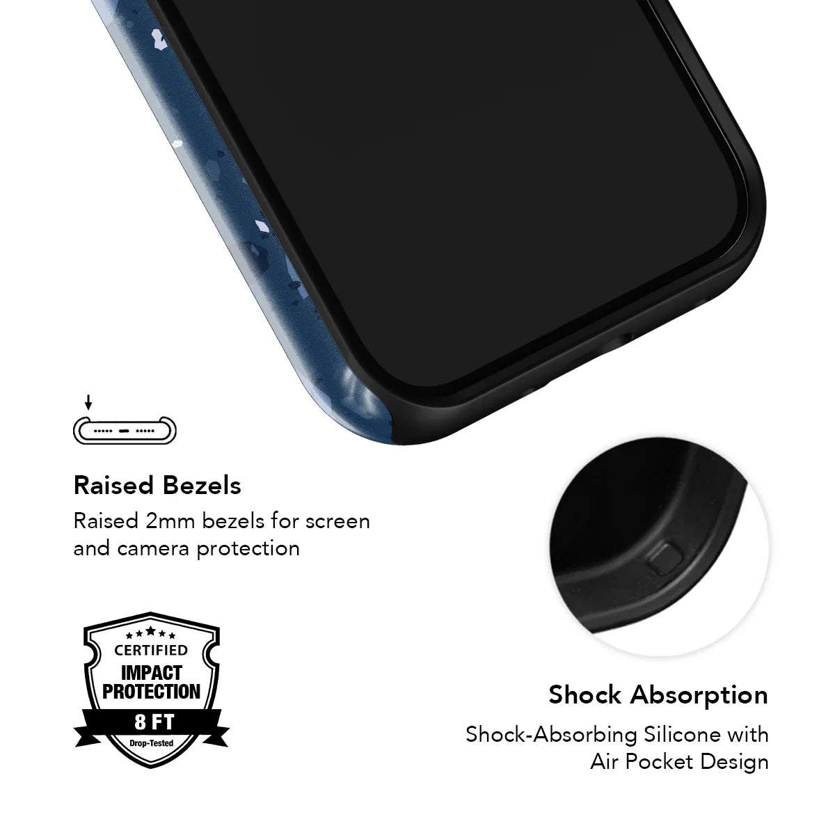 Shock-absorbing navy blue terrazzo phone case with raised bezels and air pocket design for certified 8ft impact protection.