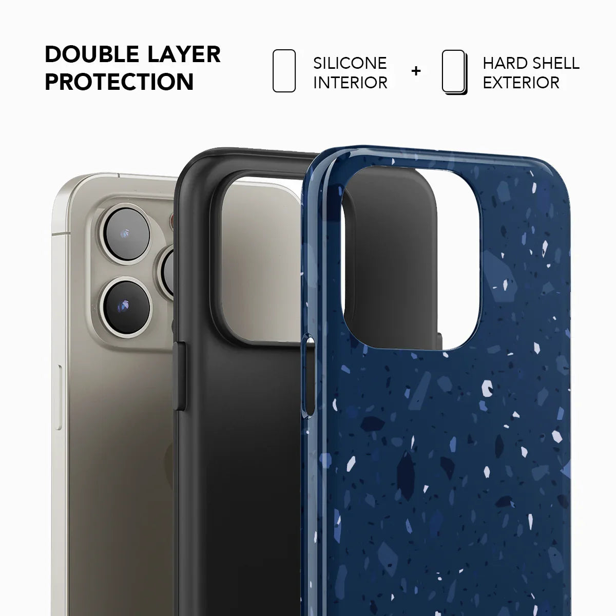 Double-layer navy blue terrazzo phone case with silicone interior and hard shell exterior for enhanced durability and stylish protection.