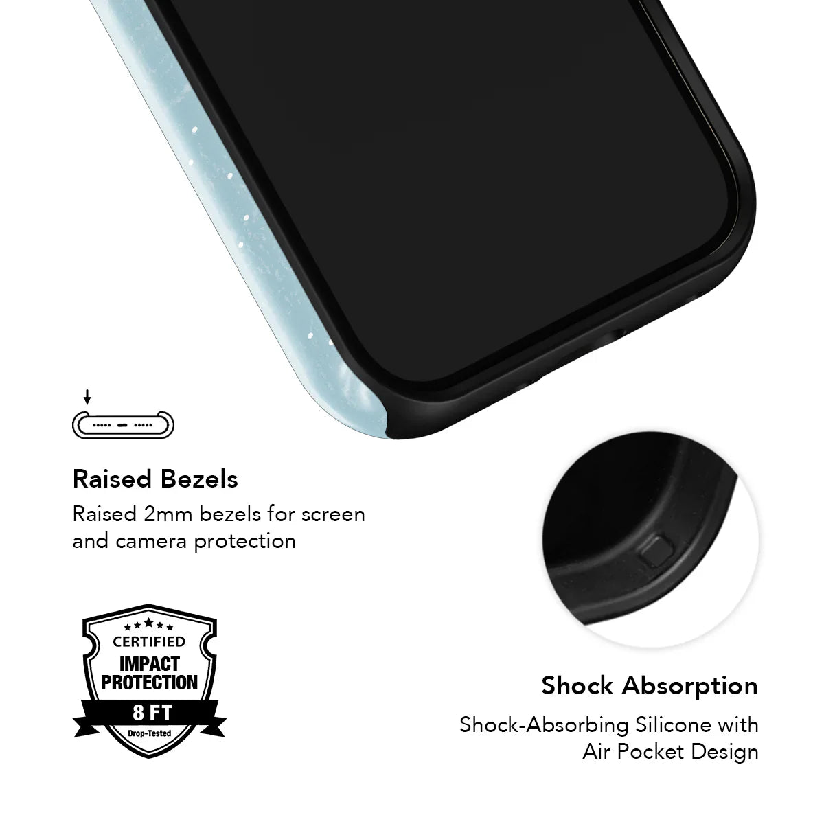 Pastel Blue Seashell Pattern Phone Case with raised bezels for screen and camera protection, featuring shock-absorbing silicone and air pocket design.