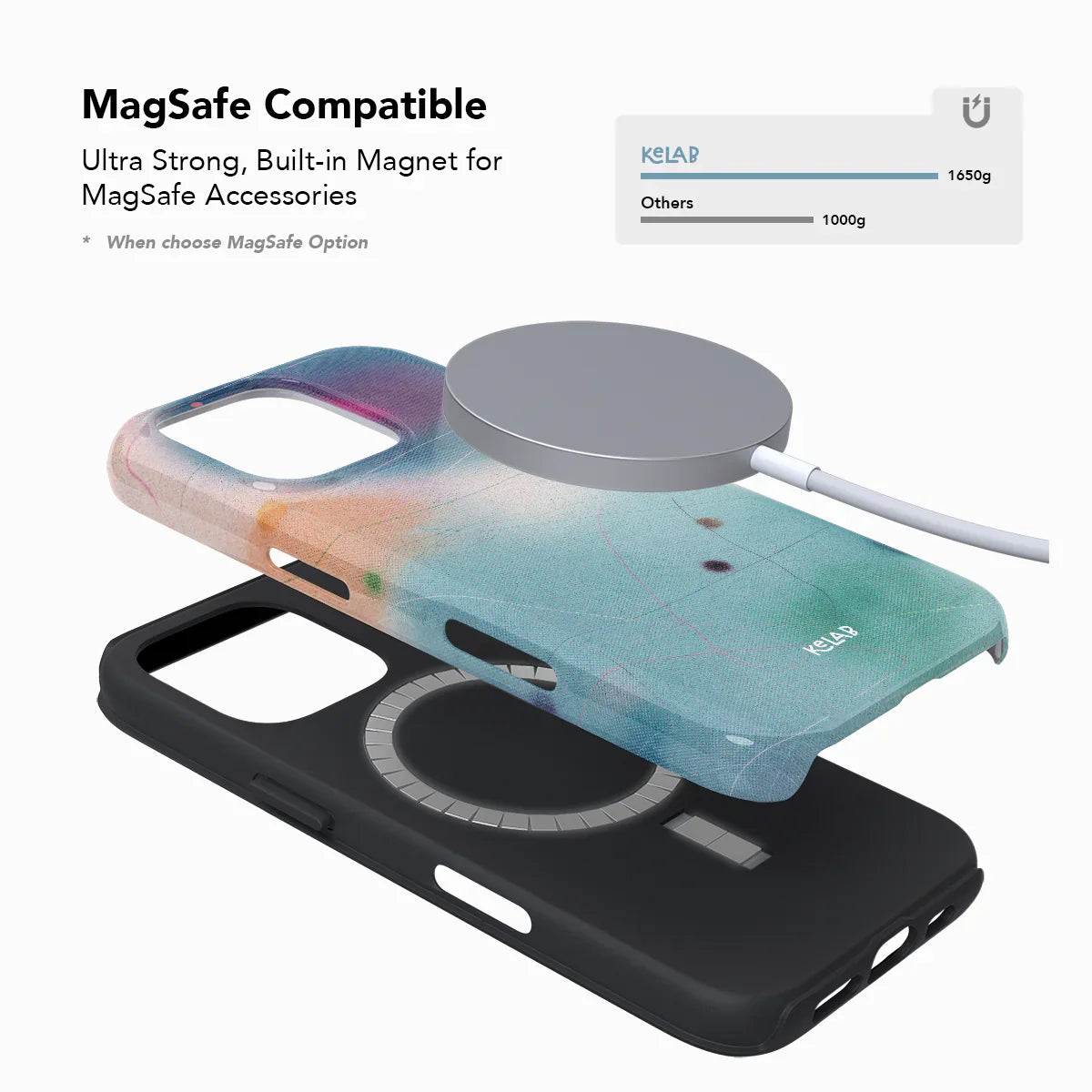 MagSafe compatible iPhone case with strong built-in magnet and artistic blue abstract design from KELAB's Endorphins Series.