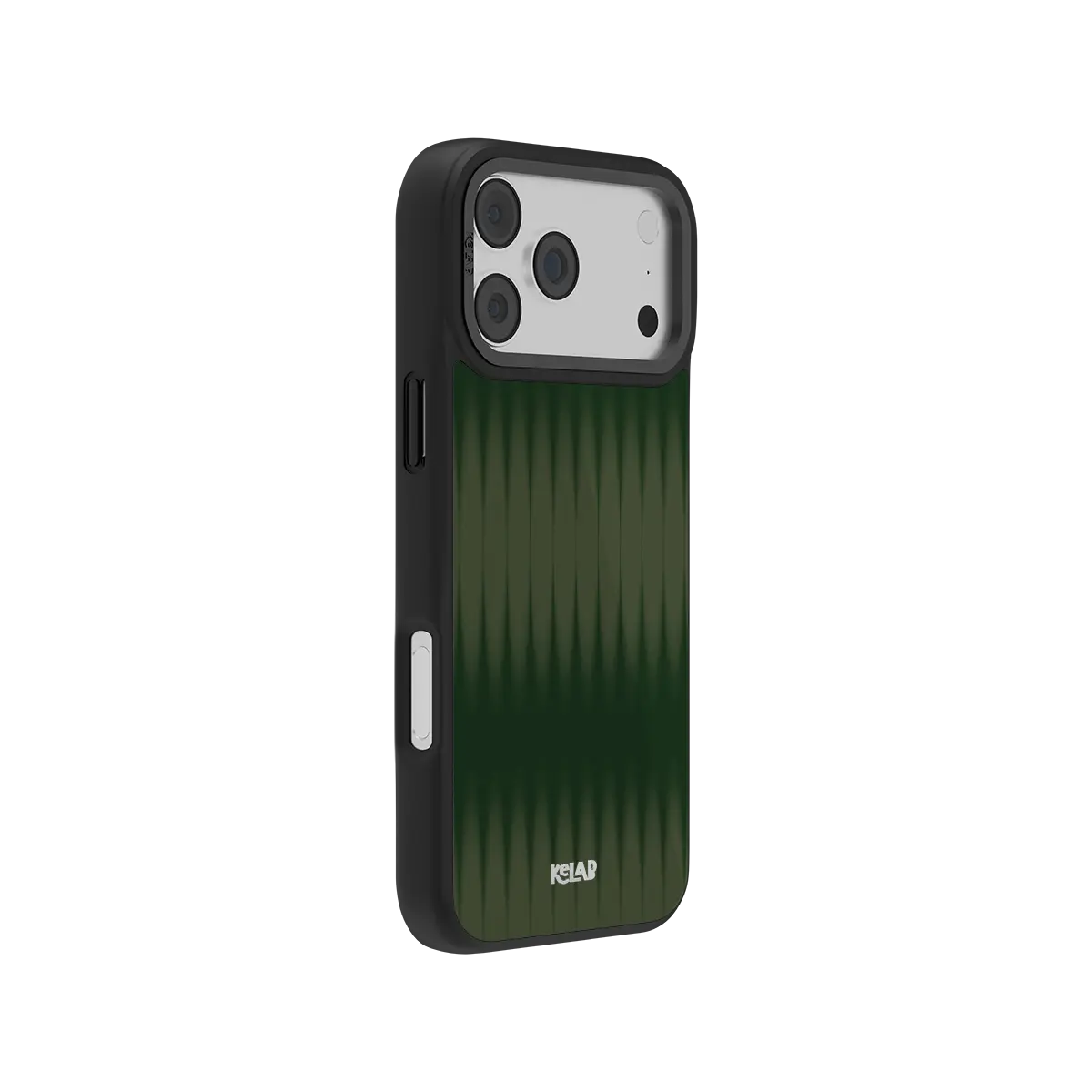 Green KELAB iPhone Case with pattern gradient back, black frame edges, and lens protection
