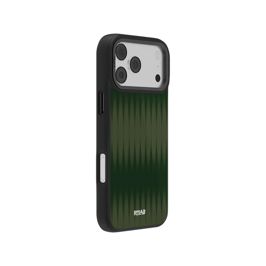 Green KELAB iPhone Case with pattern gradient back, black frame edges, and lens protection