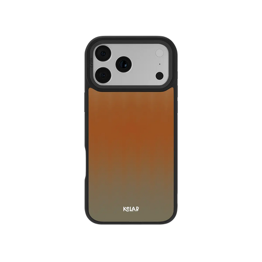 Gradient orange KELAB iPhone Case with olive base, raised lens rings, and two-tone back