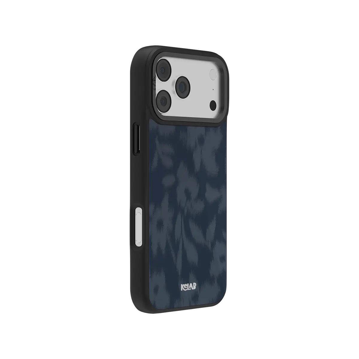 Blue iPhone Case with floral pattern, KELAB logo, and raised camera frame on the back