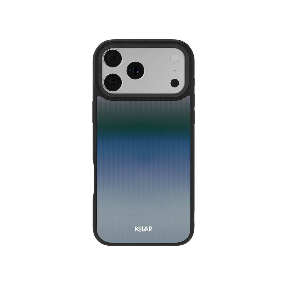 Blue gradient KELAB iPhone Case with raised edges and three rear camera openings