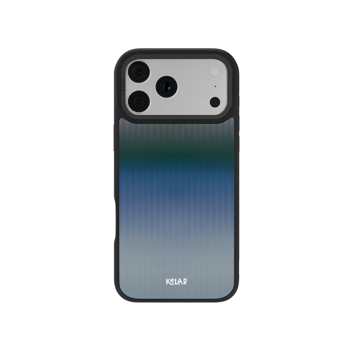 Blue gradient KELAB iPhone Case with raised edges and three rear camera openings
