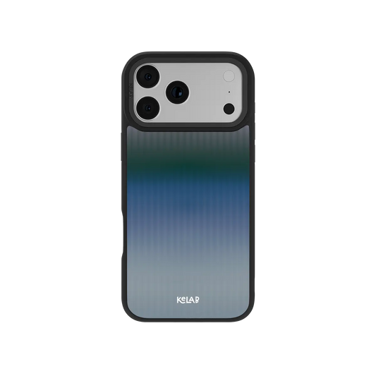 Blue gradient KELAB iPhone Case with raised edges and three rear camera openings