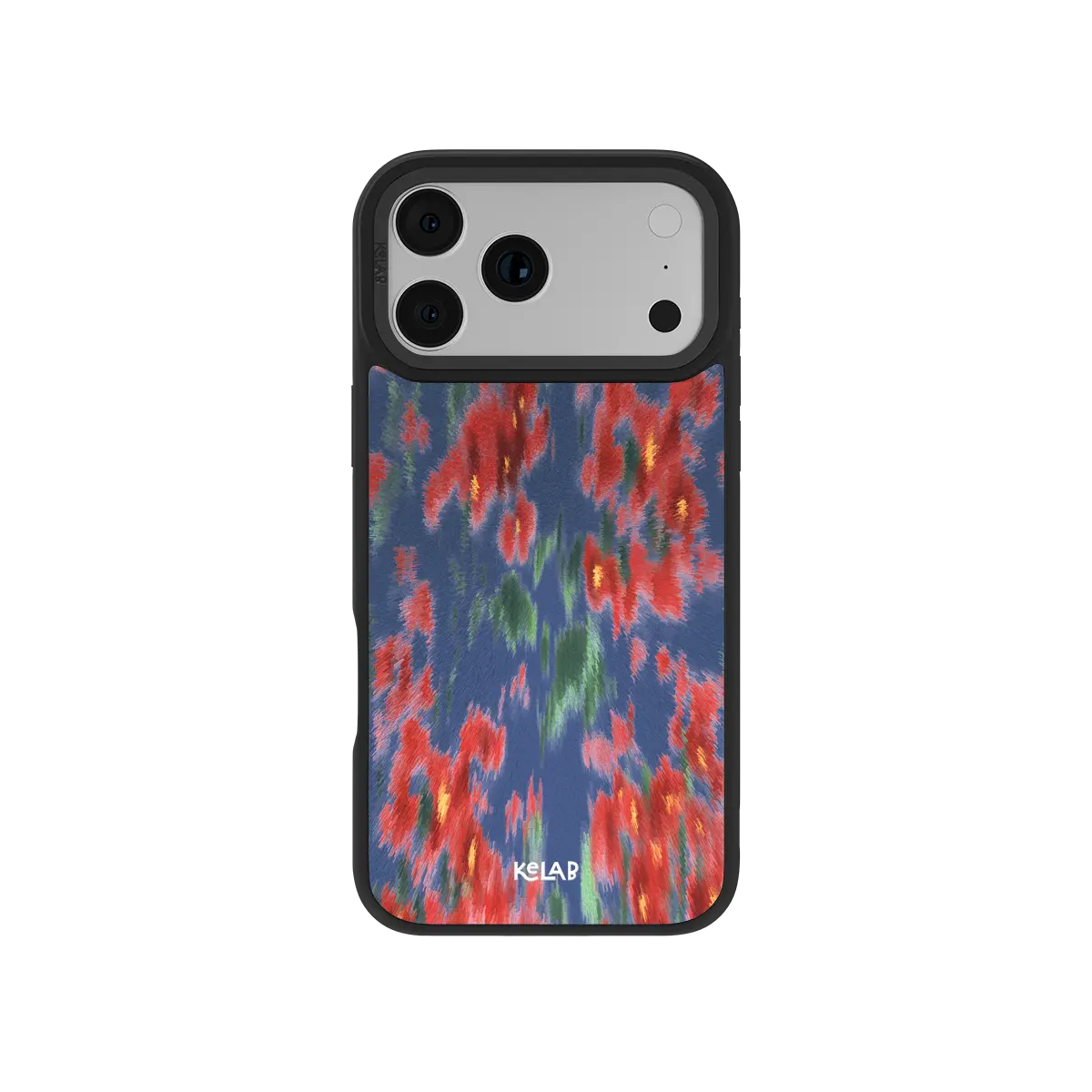 Floral blue and red iPhone Case with black trim around camera lenses by KELAB