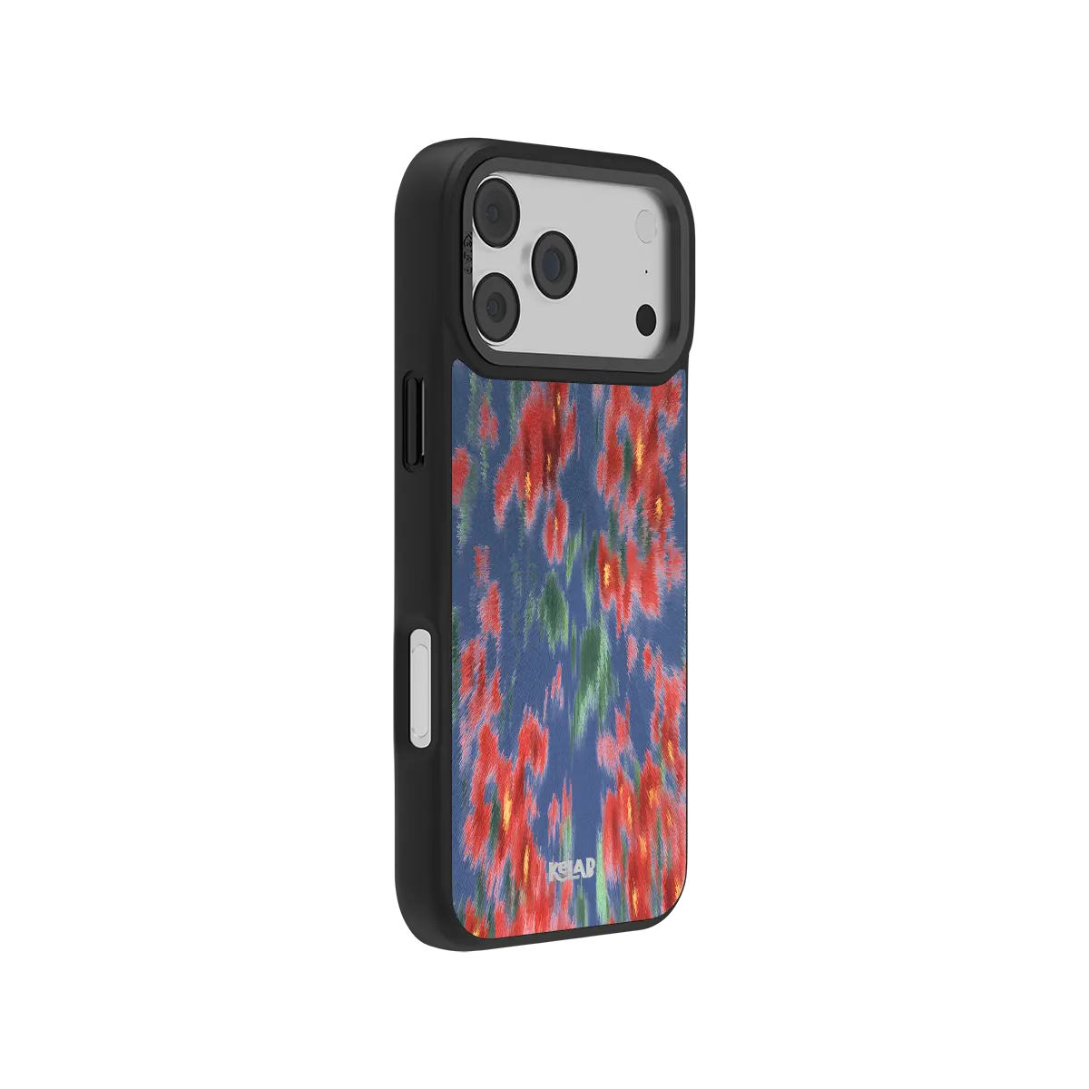 Colorful floral KELAB iPhone Case with black bumper, raised camera edge openings