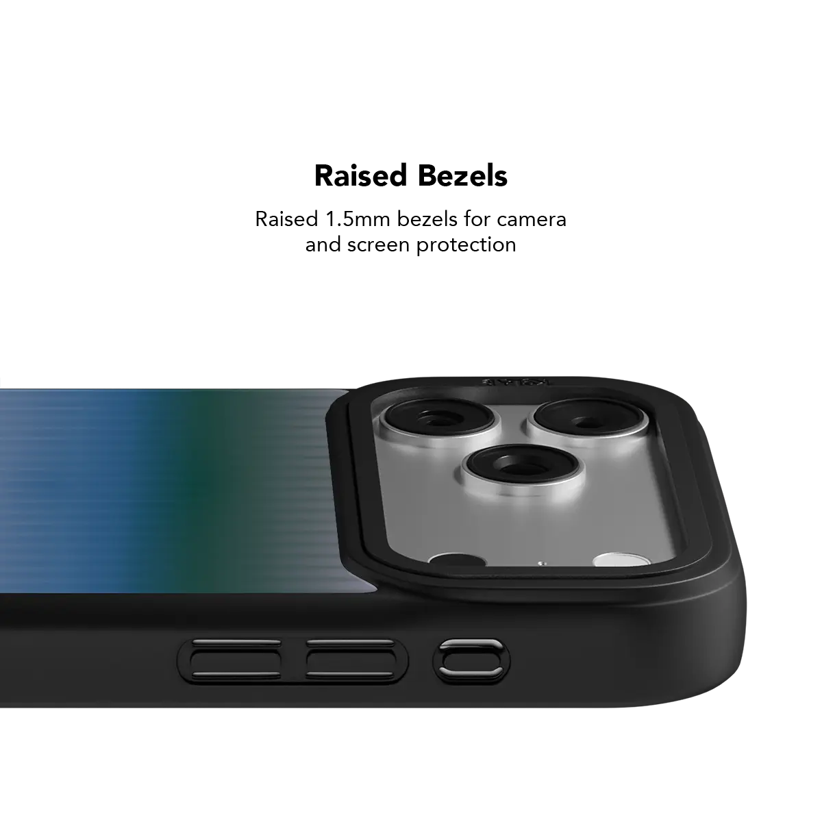 Gradient blue KELAB iPhone Case black hard shell with raised lens frames and bumper edges