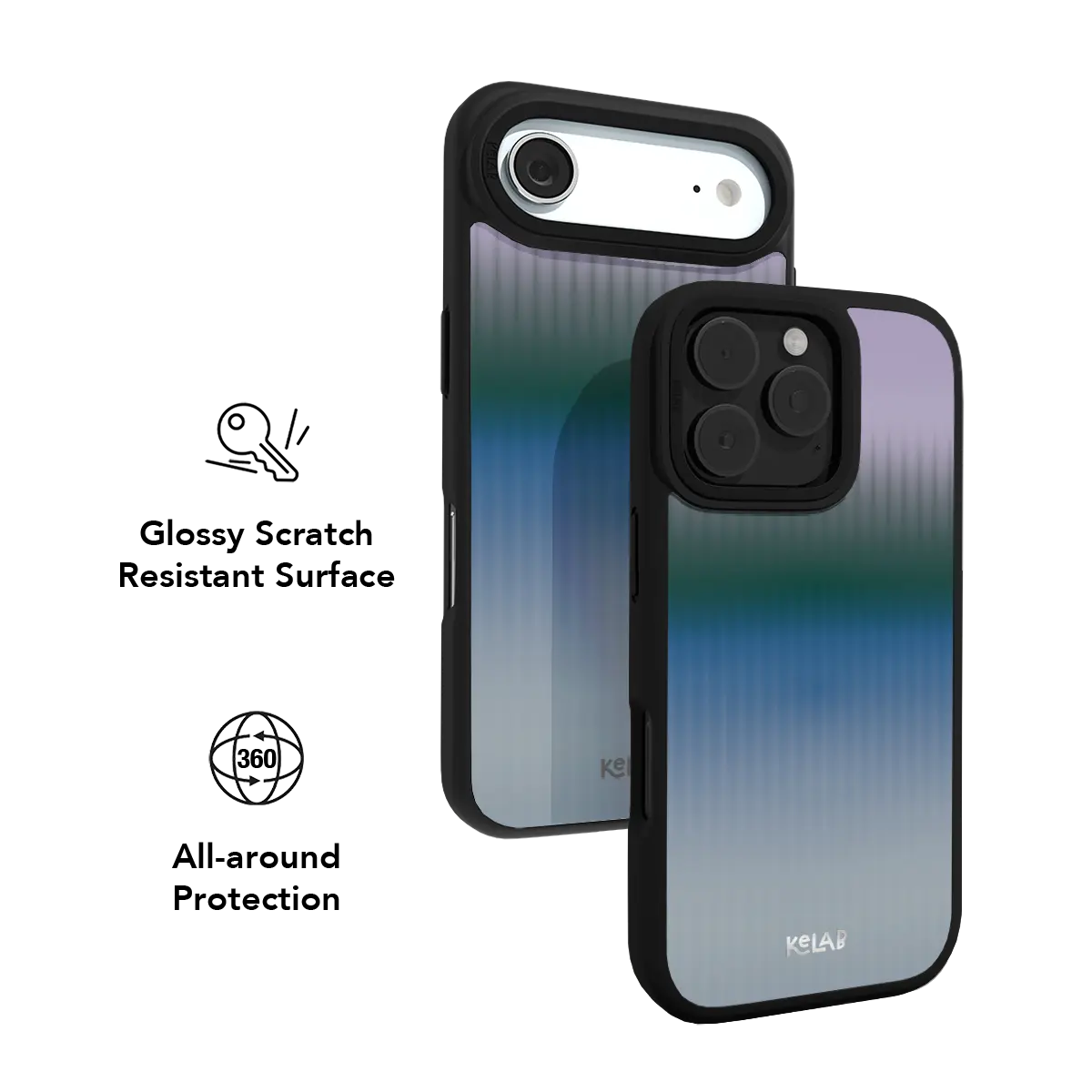 Gradient KELAB iPhone Case with black border, blue to green gradient back pattern