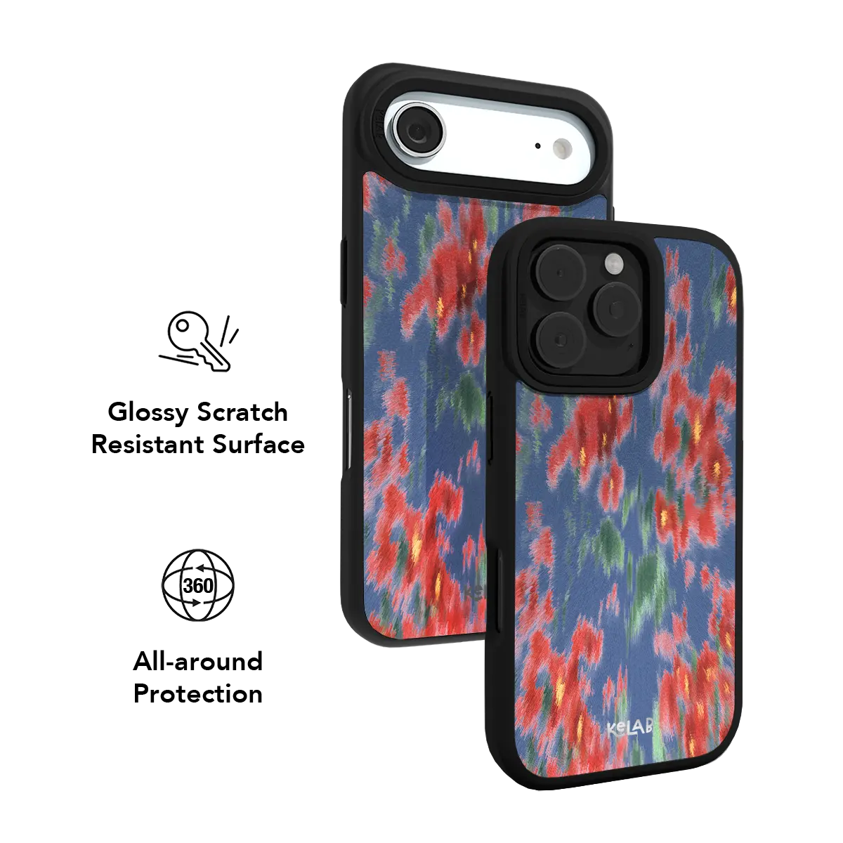 Floral KELAB iPhone Case blue multicolor paint pattern with black protective bumper