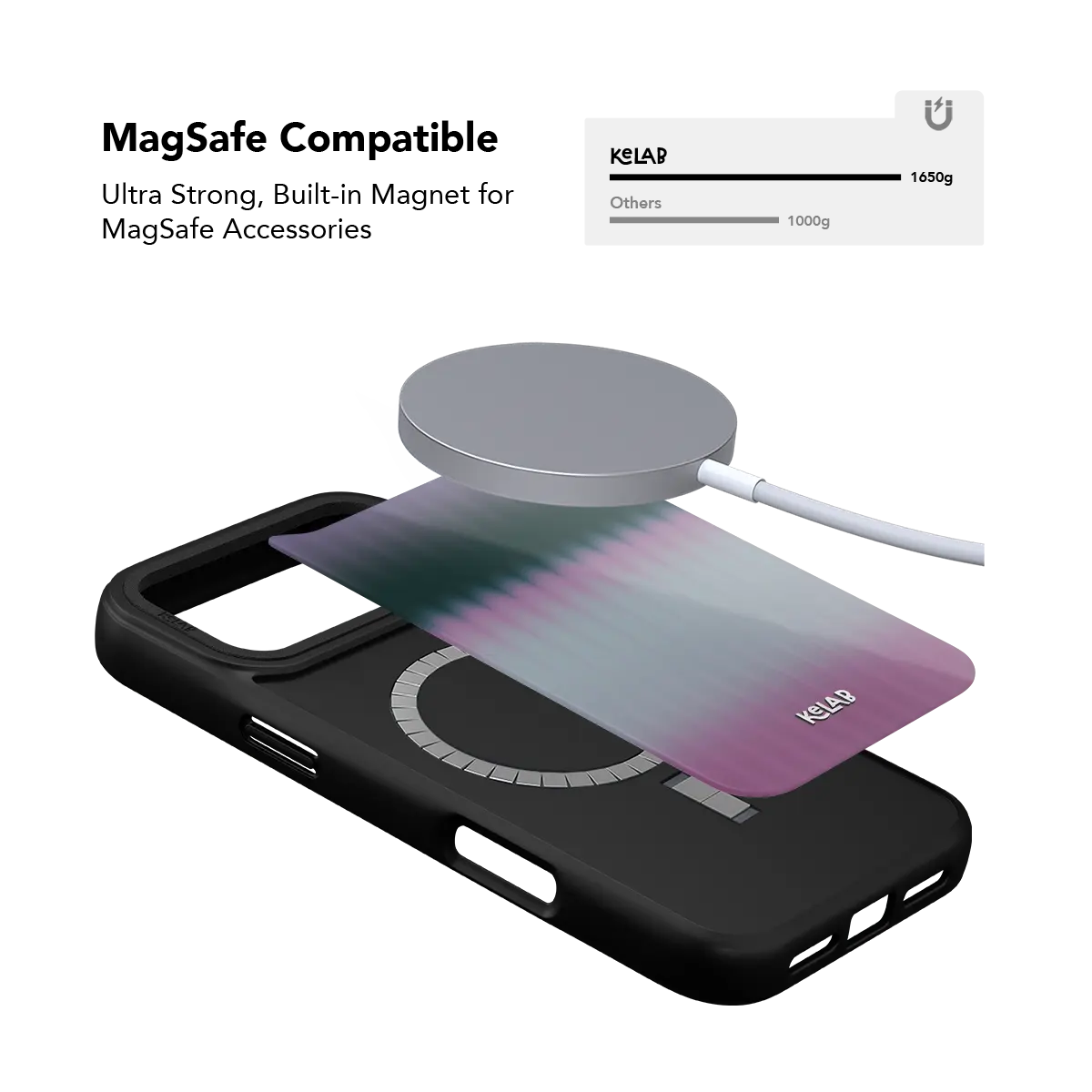 KELAB iPhone Case black phone case with pink purple gradient MagSafe ring back design