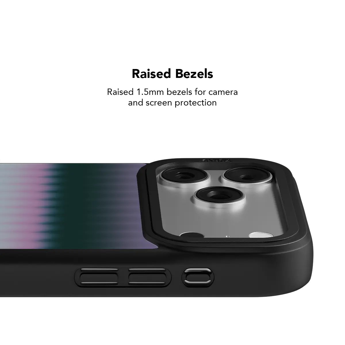 Black KELAB iPhone Case with pattern-gradient design and triple camera lens openings