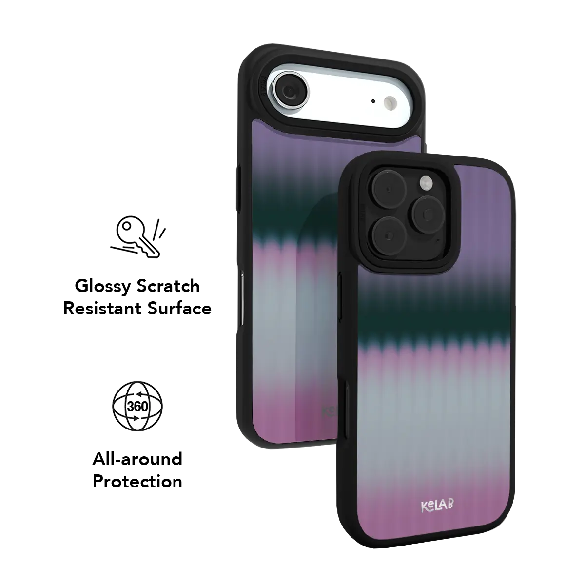 Purple and teal gradient KELAB iPhone Case with black bumper and raised camera edges