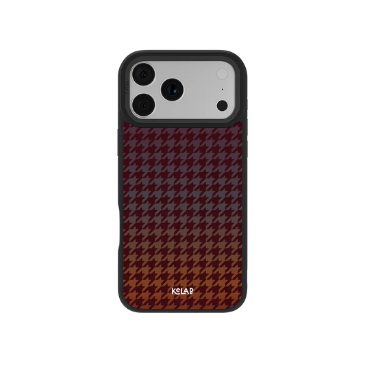 Houndstooth burgundy KELAB iPhone Case with camera openings and textured pattern on white background