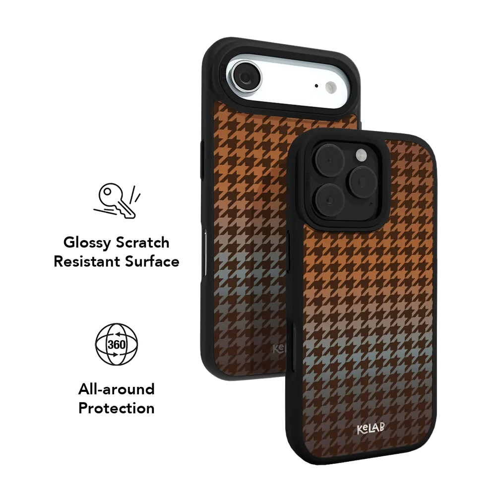 Brown and black KELAB iPhone Case with houndstooth textile pattern and raised camera edge