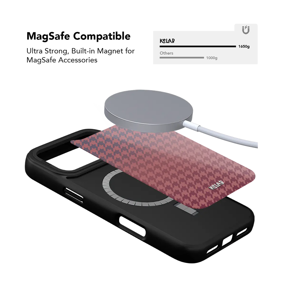 Houndstooth pink and black KELAB iPhone Case with MagSafe ring on a textured fabric finish