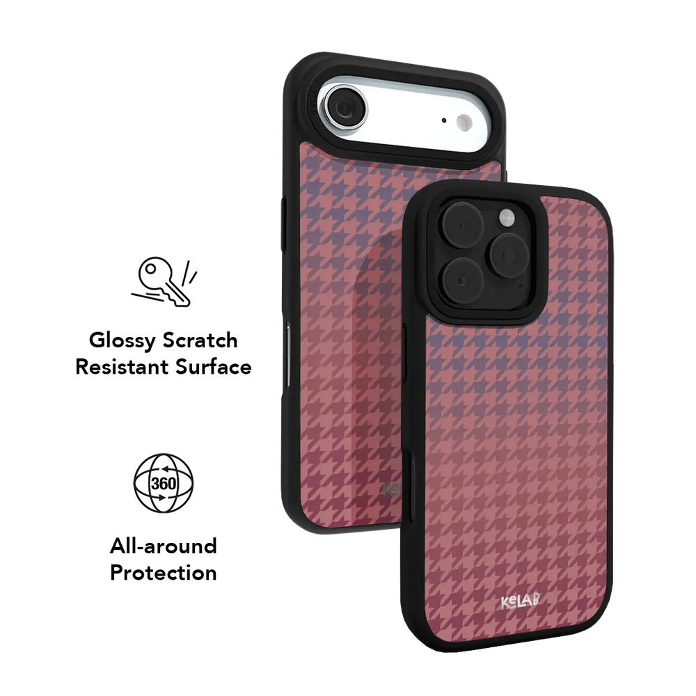 Pink houndstooth KELAB iPhone Case with black bumper and textured logo on the back