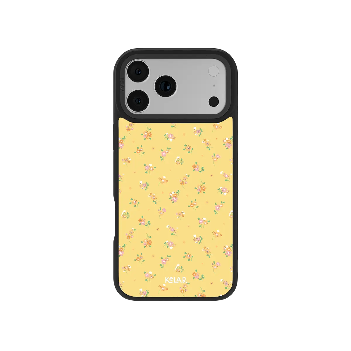 Yellow KELAB iphone case with floral pattern and black bumper around the camera lenses