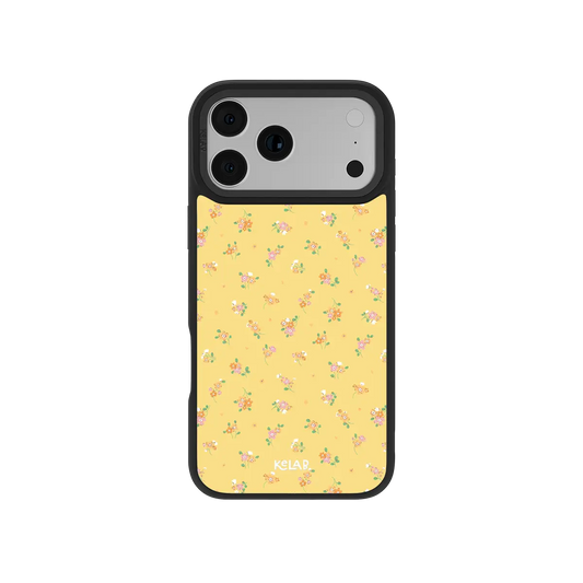 Yellow KELAB iphone case with floral pattern and black bumper around the camera lenses