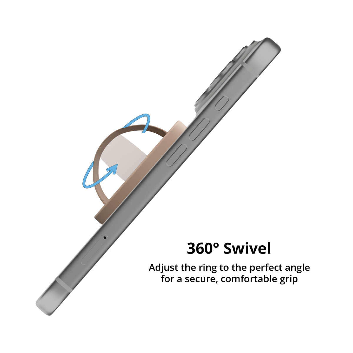 Brown MagSafe grip ring swiveling 360 degrees on an iPhone