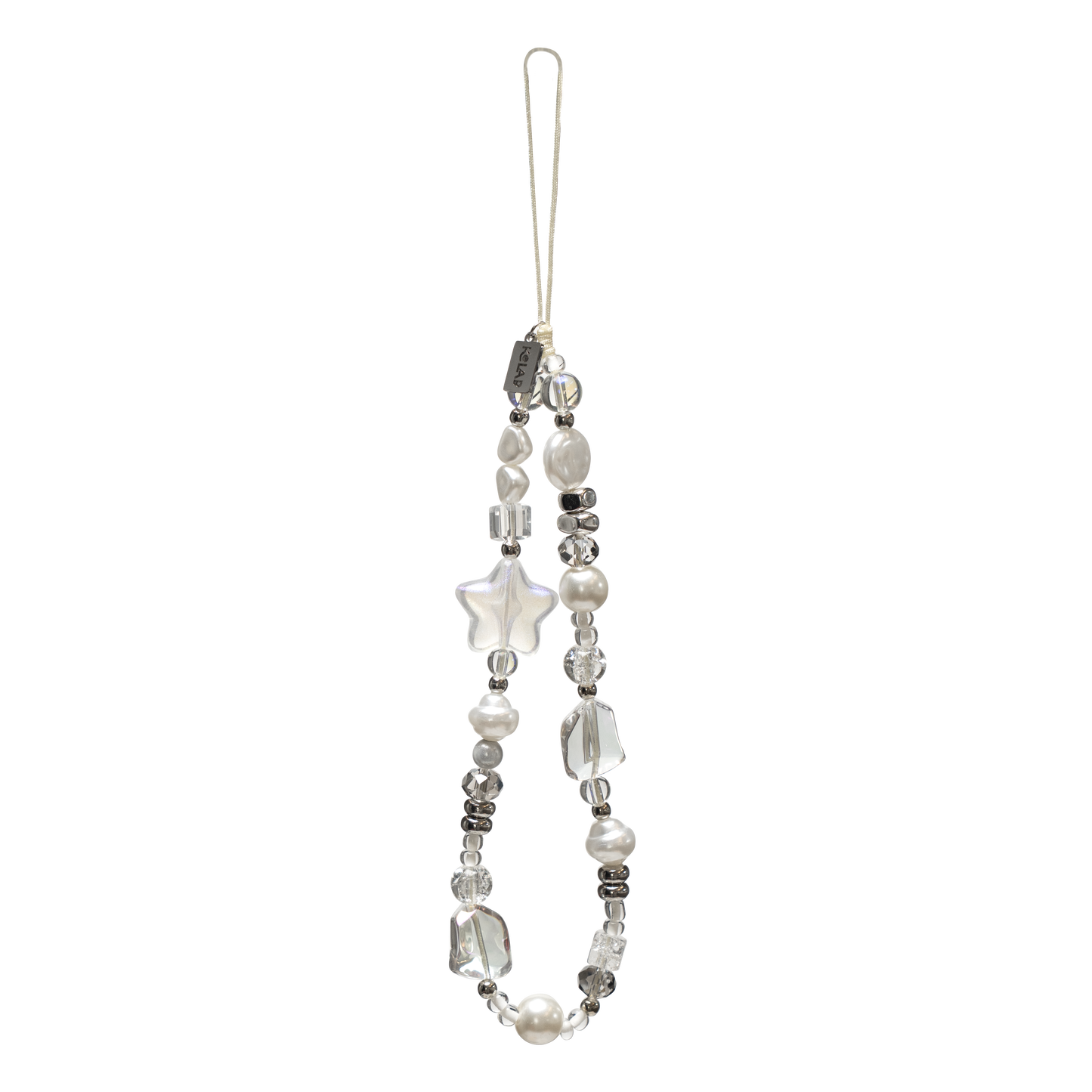 Cosmic Pearl phone charm by KELAB featuring frosted star, iridescent pearls, and crystal-clear beads in a celestial silver aesthetic.