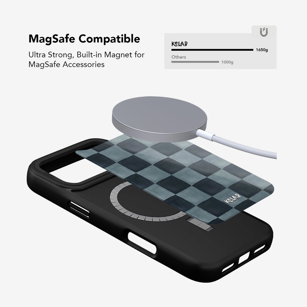 Blue checkered iPhone case with built-in MagSafe magnet, anti-slip texture, and drop protection.