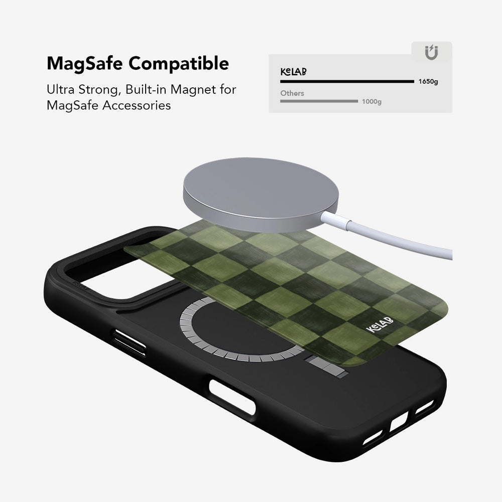 Green checkered iPhone case with MagSafe compatibility, drop protection, and anti-slip design.