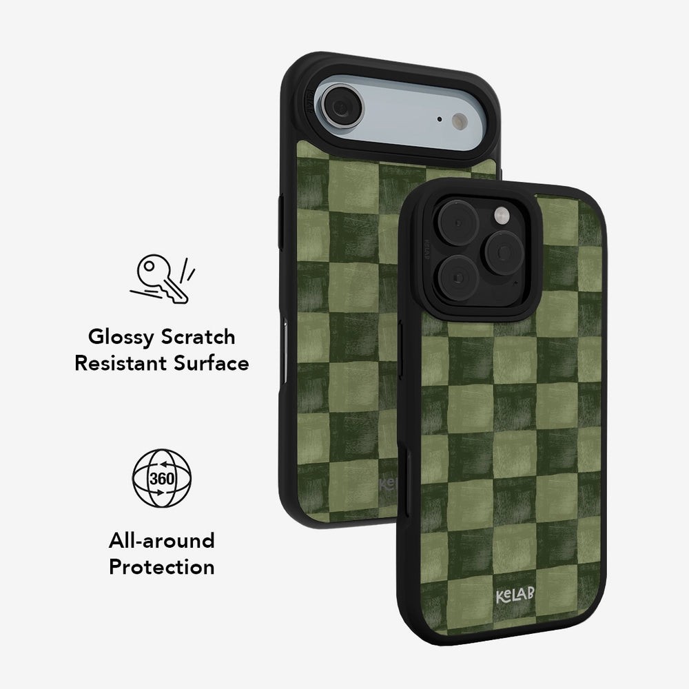 Green checkered iPhone case with glossy scratch-resistant surface, MagSafe compatibility, anti-slip texture, and drop.