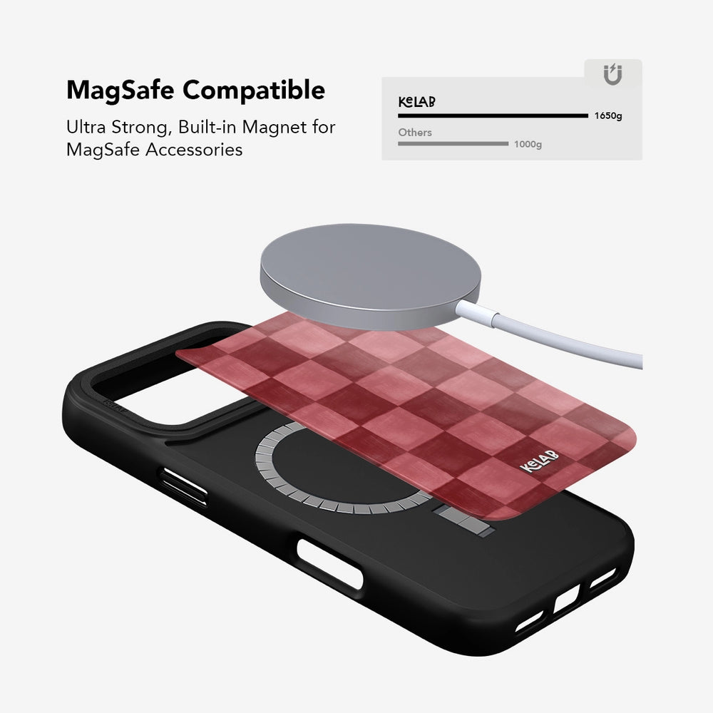 Red checkered iPhone case with MagSafe compatibility, drop protection, and anti-slip edges.