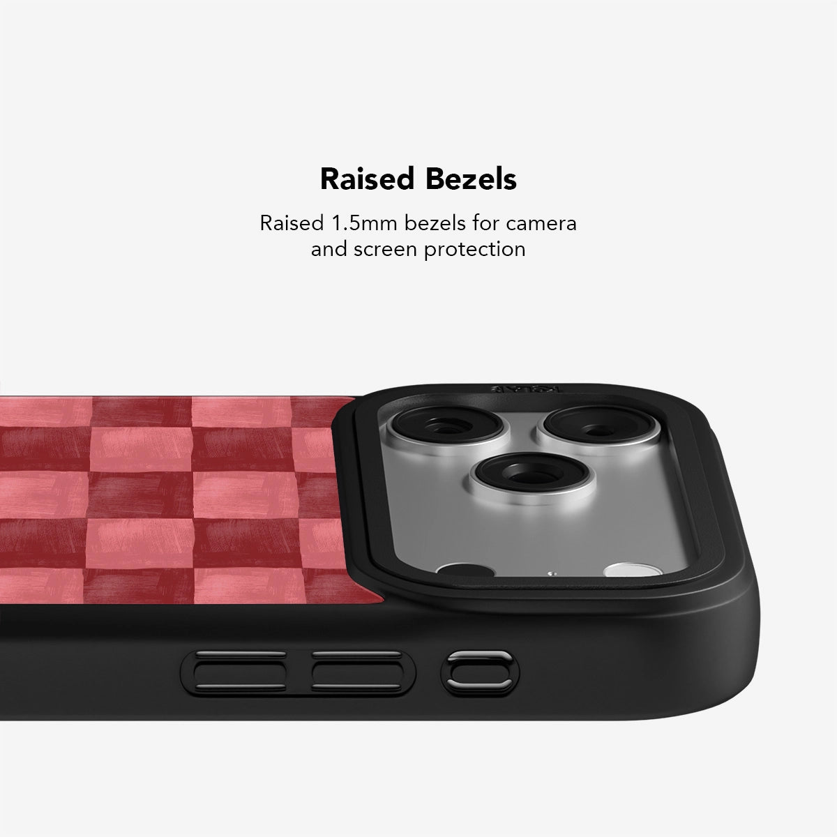Red checkered iPhone case with MagSafe, raised 1.5mm bezels for drop protection and anti-slip sides.