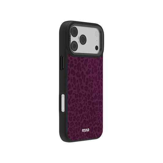 Dark Cherry leopard print iPhone case shown from the side with raised protective edges.