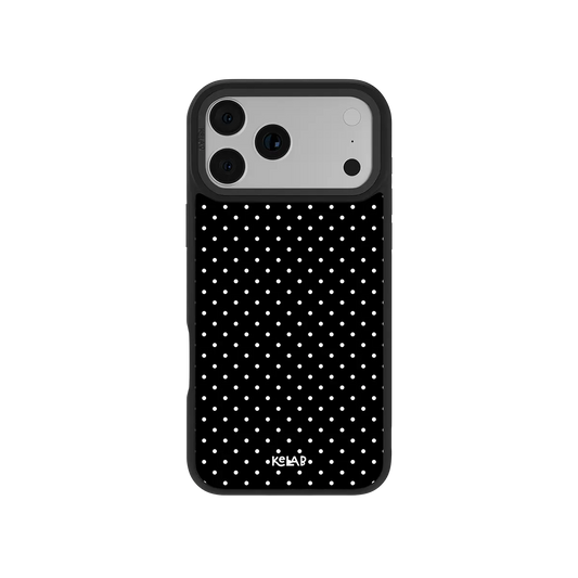 Black KELAB iPhone Case Polka Dot pattern with white dots and Magsafe magnetic back cover