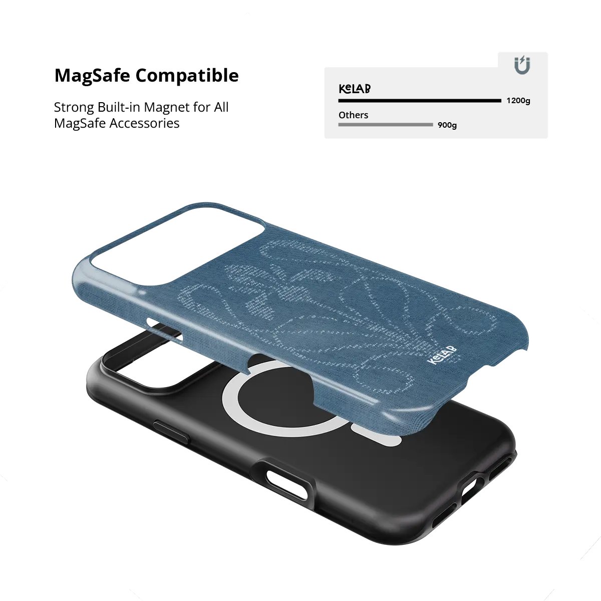 KELAB blue iPhone Case denim texture with built-in MagSafe ring and raised edge trim