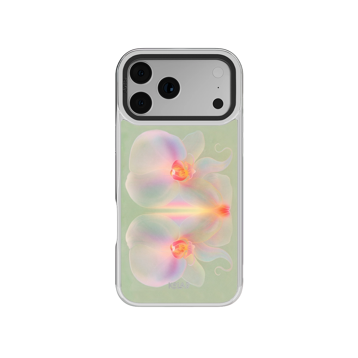 Botanical iPhone Case in iridescent green with floral orchid design for iPhone 14 Pro Max