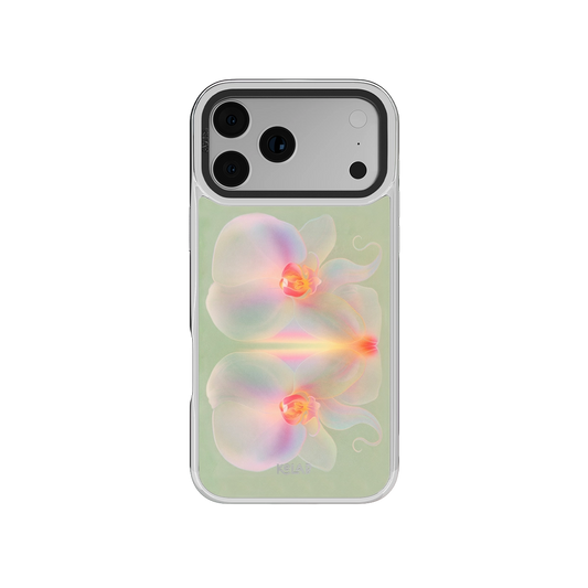 Botanical iPhone Case in iridescent green with floral orchid design for iPhone 14 Pro Max