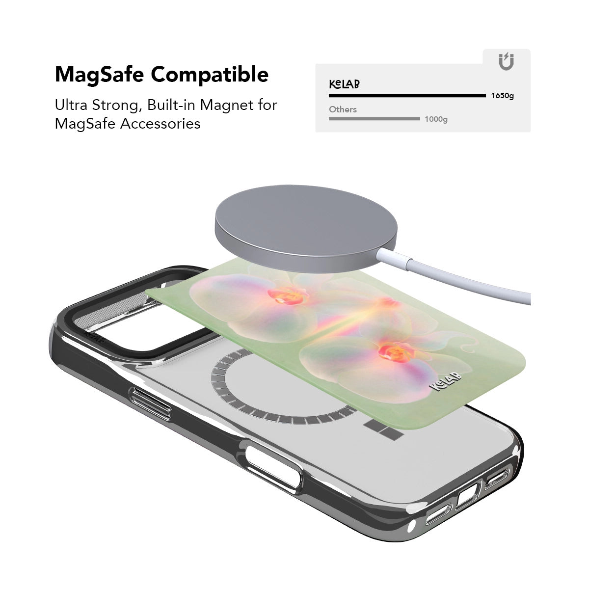iPhone Case in chrome silver with botanical design, compatible with MagSafe accessories