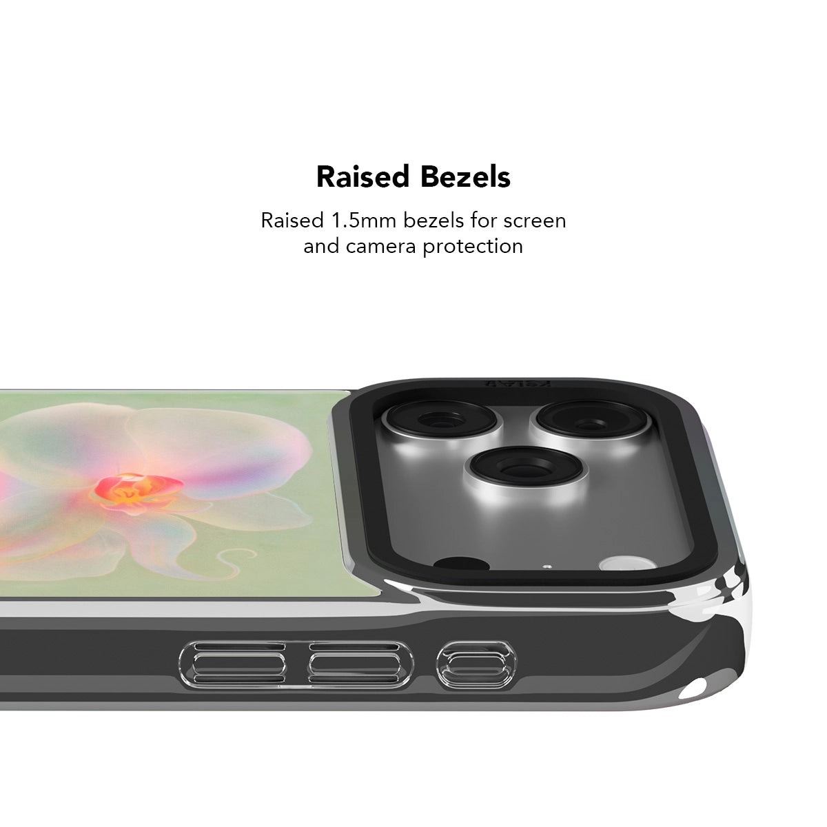 Botanical design iPhone Case in chrome silver with raised bezels for screen and camera protection