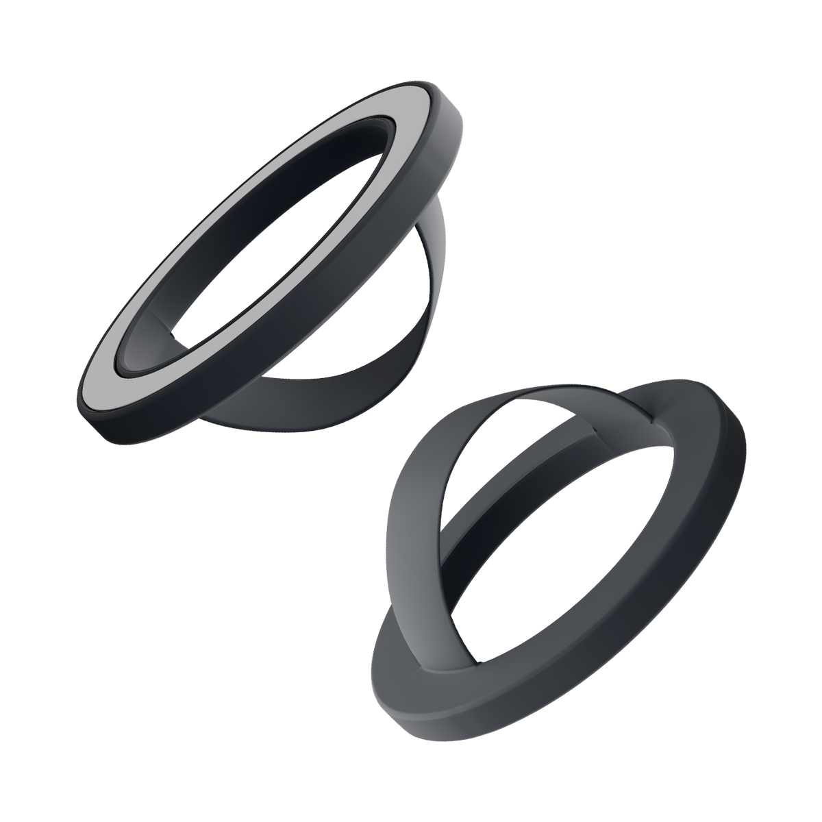 Front and back of the charcoal gray matte liquid silicone magnetic ring and finger loop