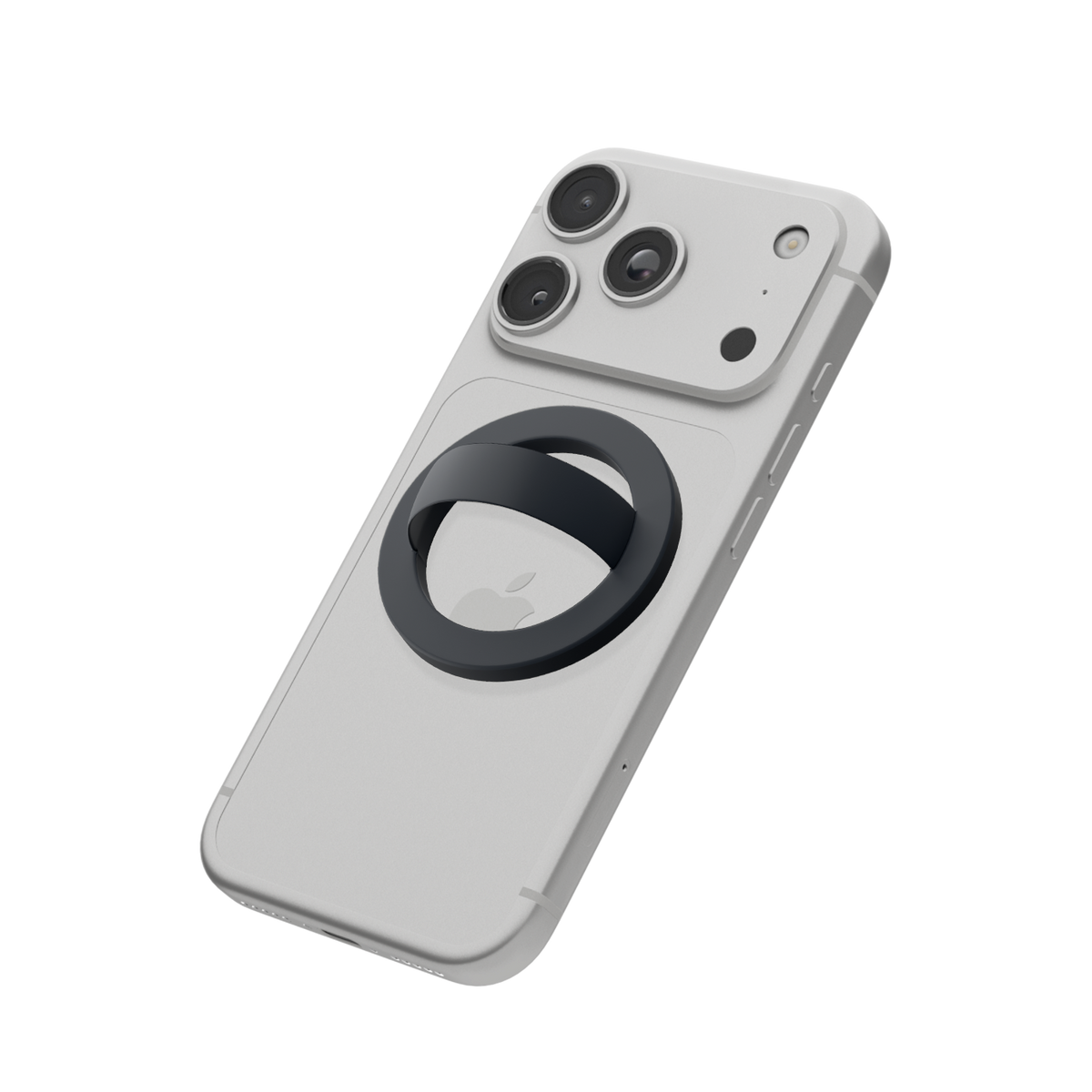 Charcoal gray MagSafe loop grip attached to the back of an iPhone