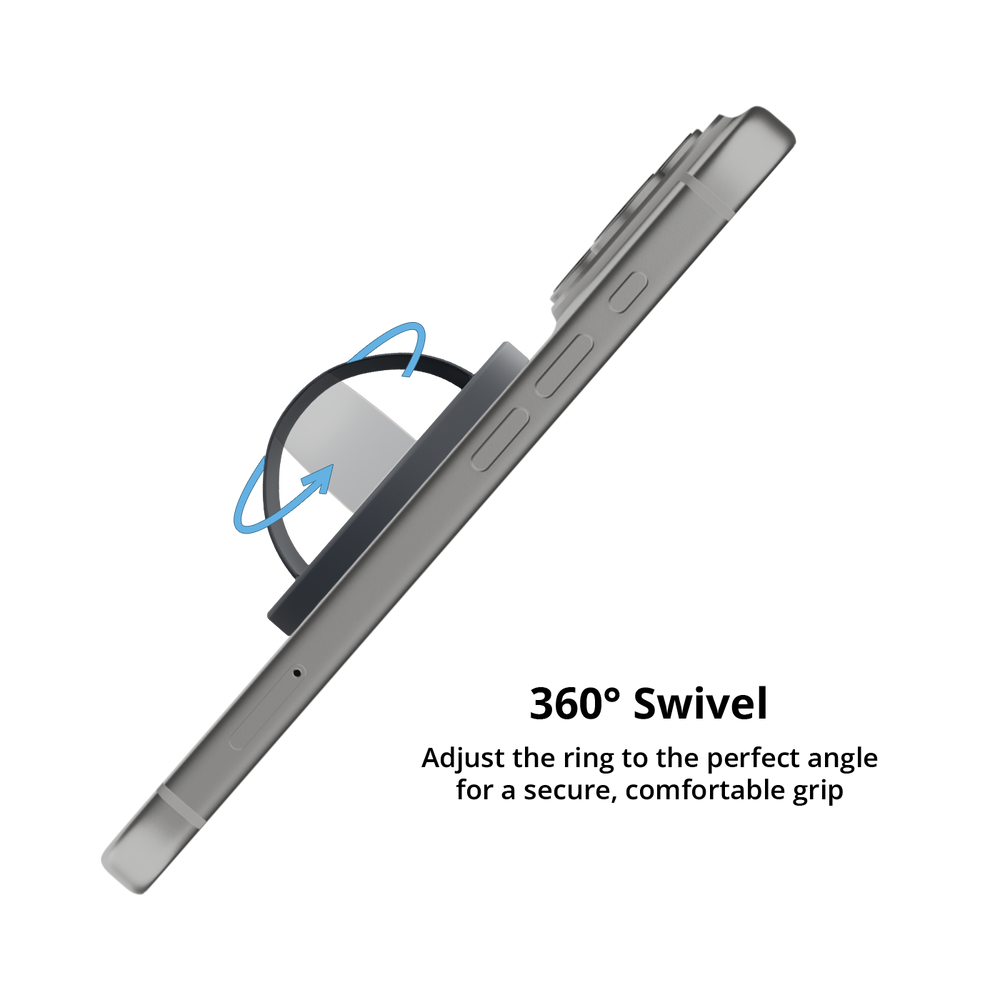 Charcoal gray MagSafe grip ring swiveling 360 degrees on an iPhone