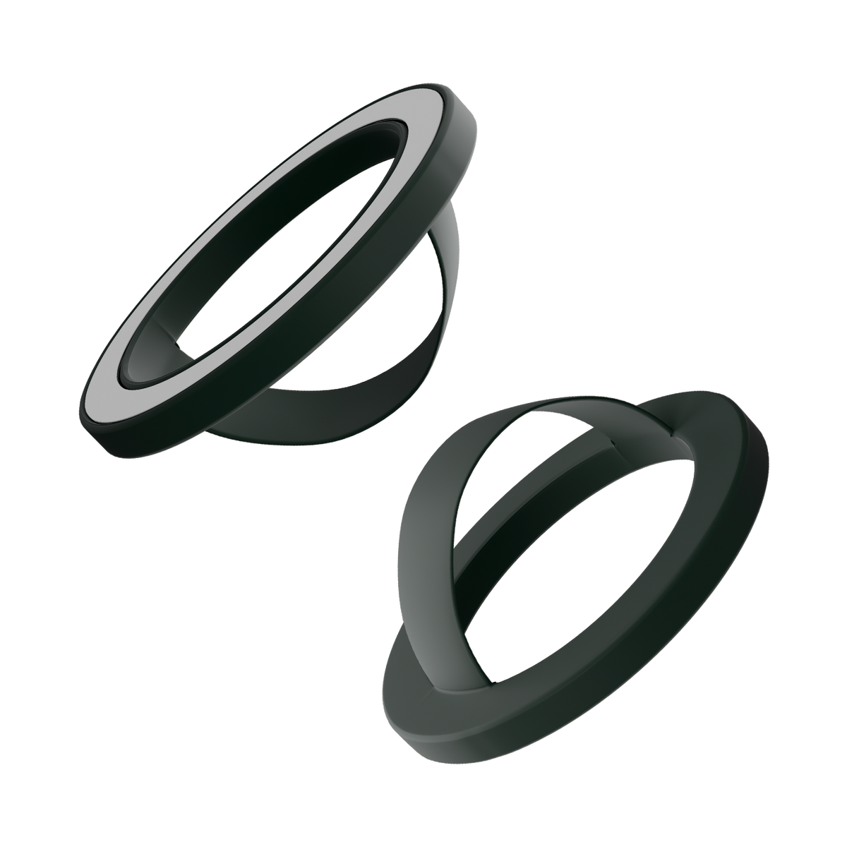 Front and back of the dark green matte liquid silicone magnetic ring and finger loop