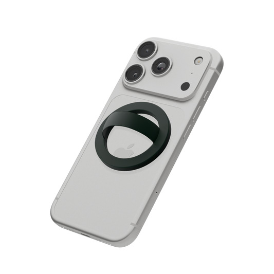 Dark green MagSafe loop grip attached to the back of an iPhone